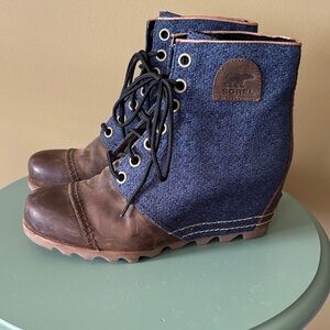 Sorel Denim & Brown Leather Lace-Up Wedge Boots
